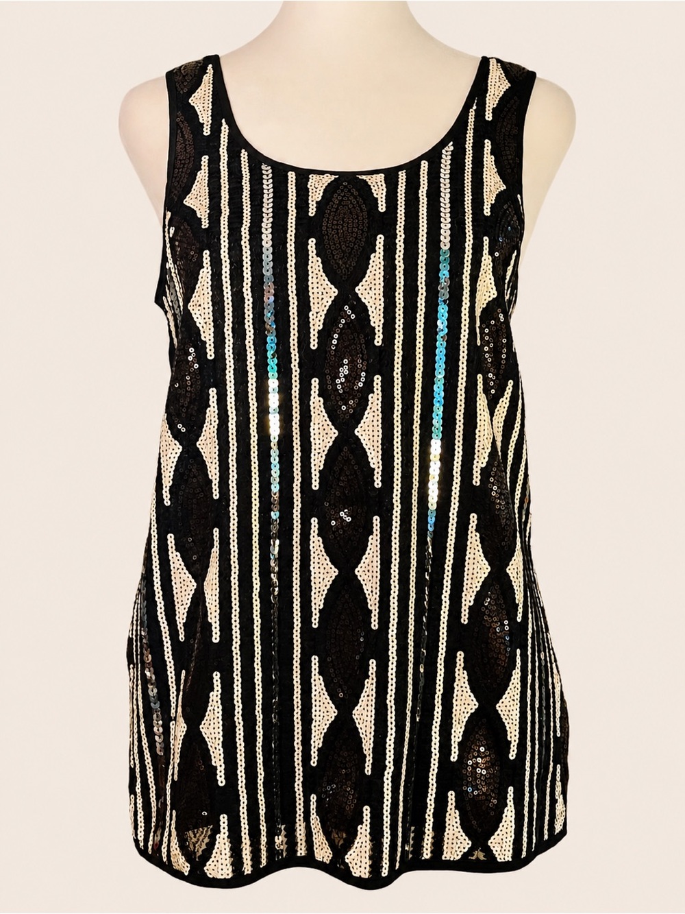 Art Deco Revival Black and Cream Sequin Tank Top - XS